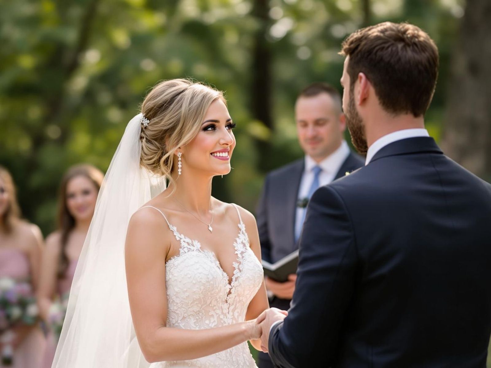Couple holding hands during an outdoor ceremony, with an officiant behind.