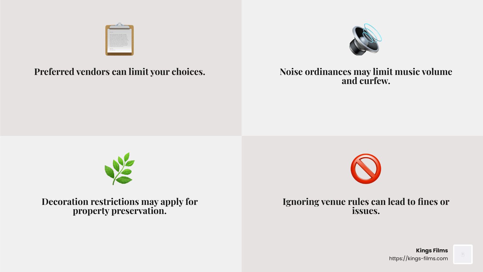 Venue Restrictions Four-panel infographic lists venue rules about decor, noise, property, and scenic areas.