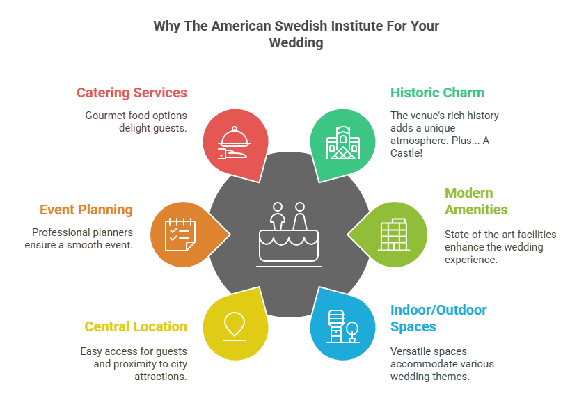 Institute Venue Reasons Circular infographic lists six reasons to choose a wedding institute venue.