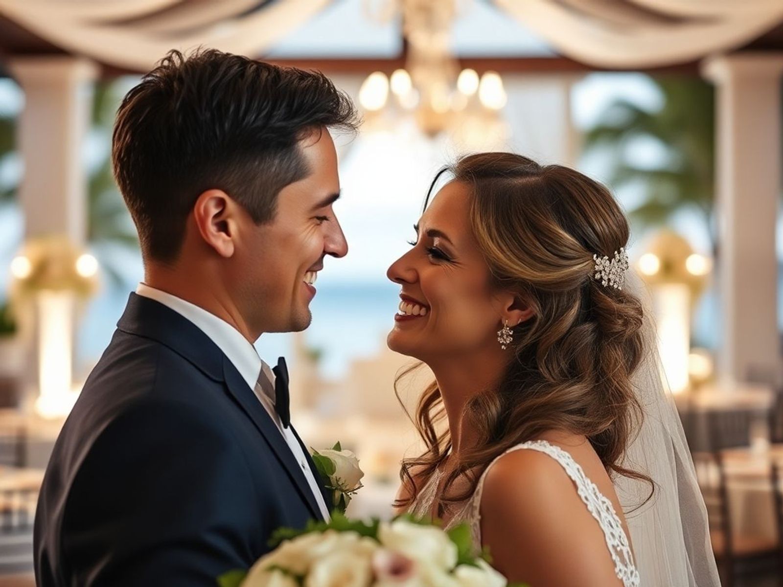 Smiling couple in formal clothing facing each other indoors.