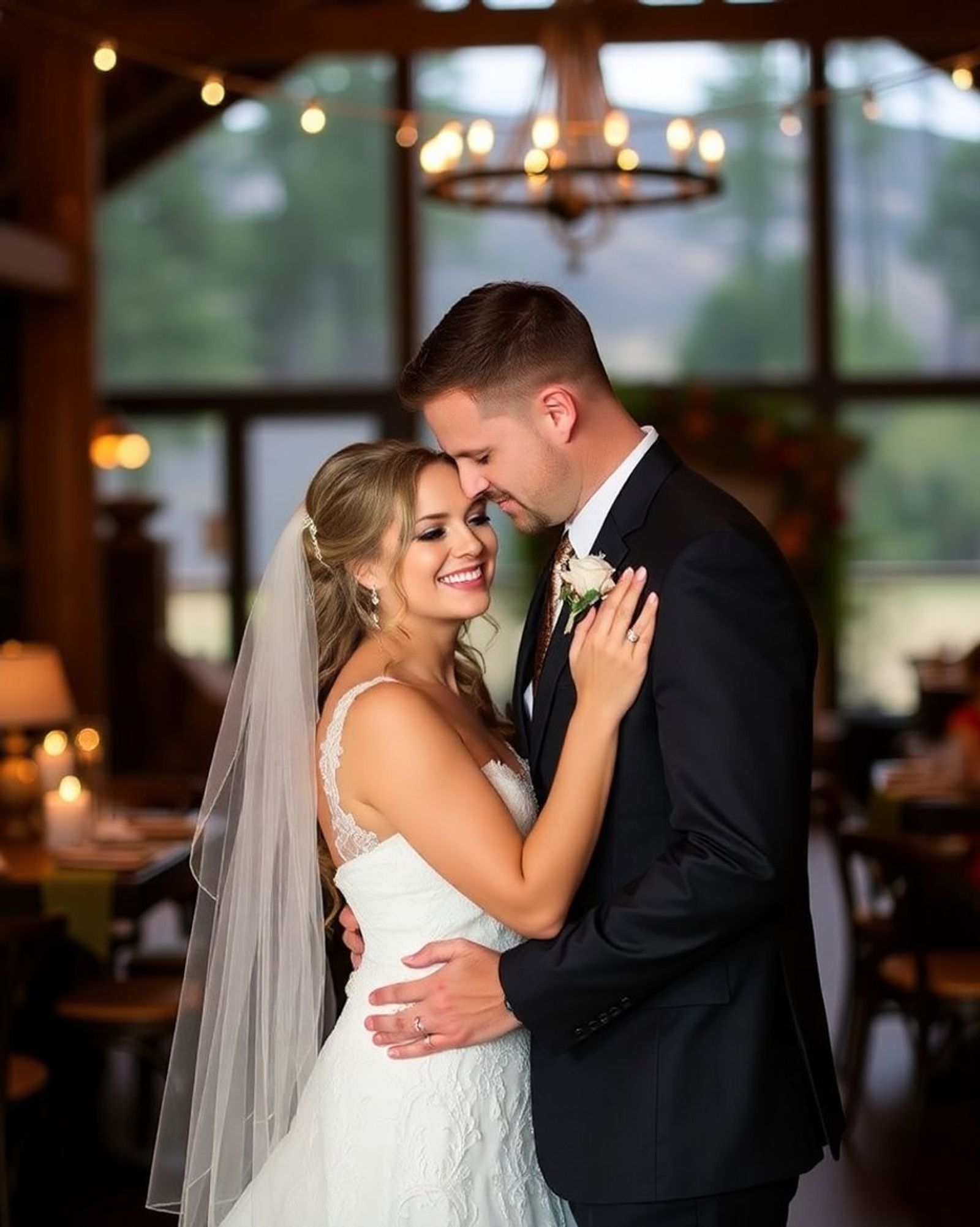 Couple in formal clothing embracing indoors beneath a chandelier.