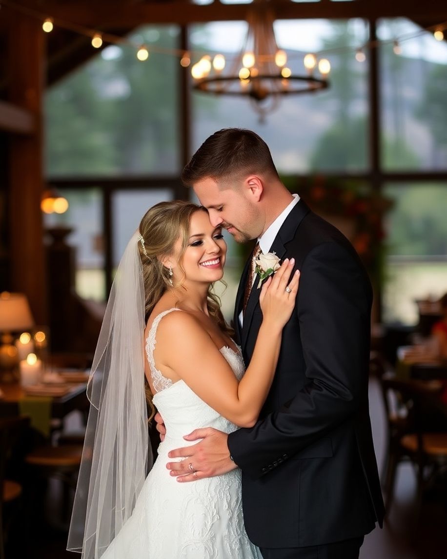 Chandelier Embrace Couple in formal clothing embracing indoors beneath a chandelier.