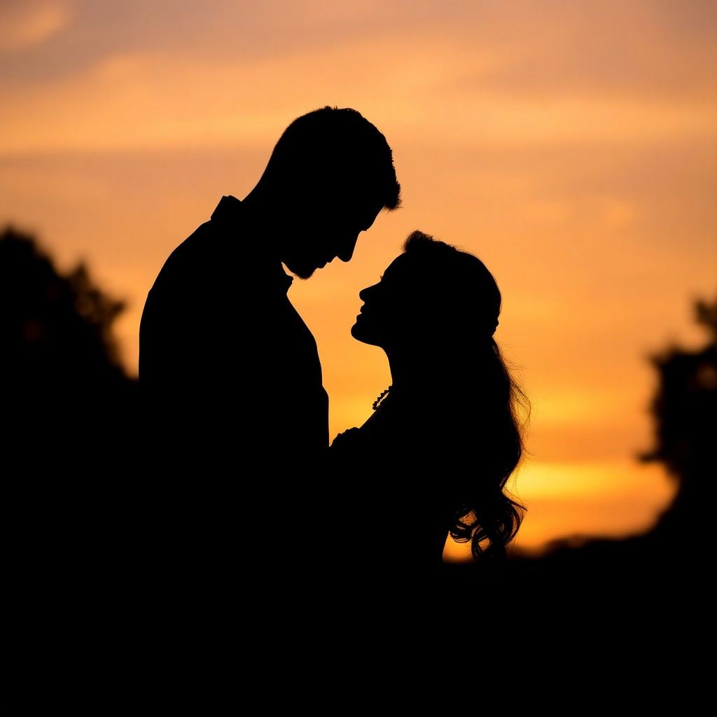 Orange Silhouette Silhouetted couple facing each other against an orange sunset.