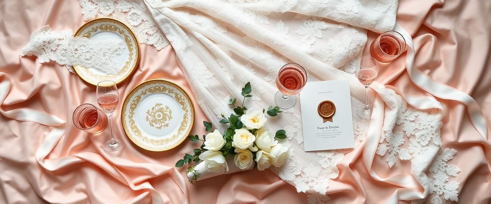 Flat lay of pale pink fabric, invitations, rings, flowers, jewelry, and perfume.