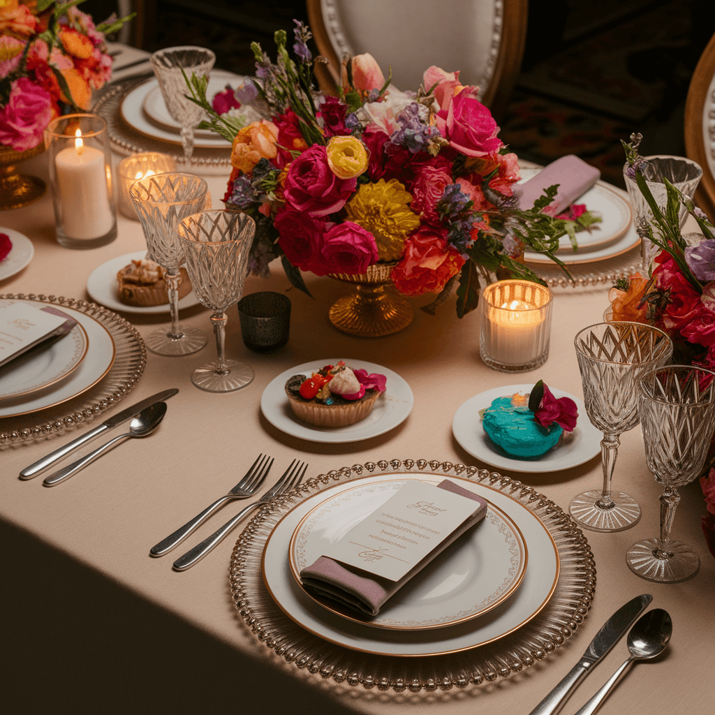 Red Floral Table Formal place setting with red flowers, candles, plates, and glassware.