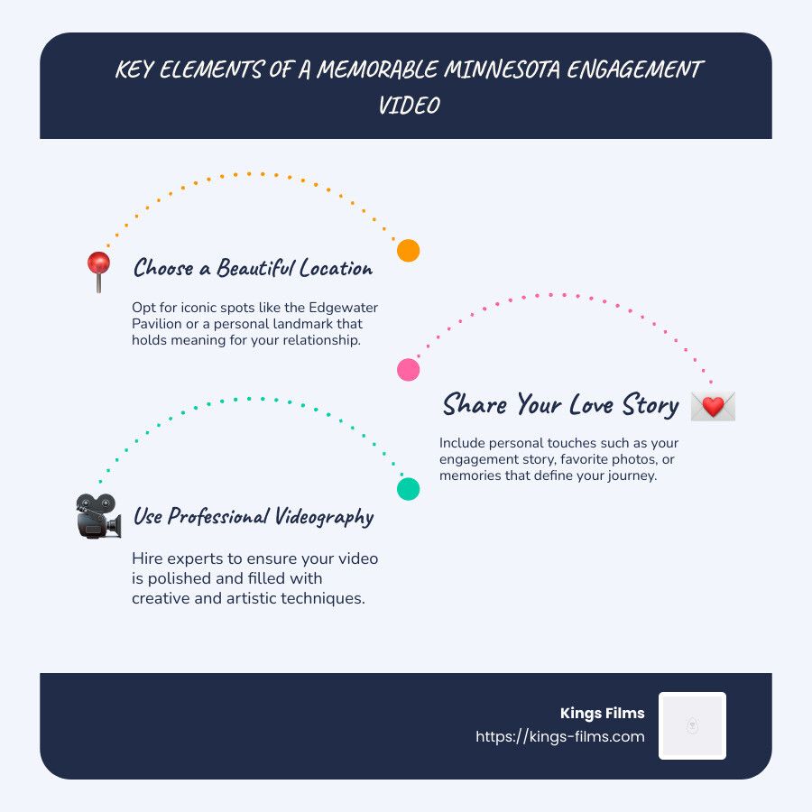 Engagement Video Elements Three-step infographic lists location, love story, and professional videography for engagement videos.