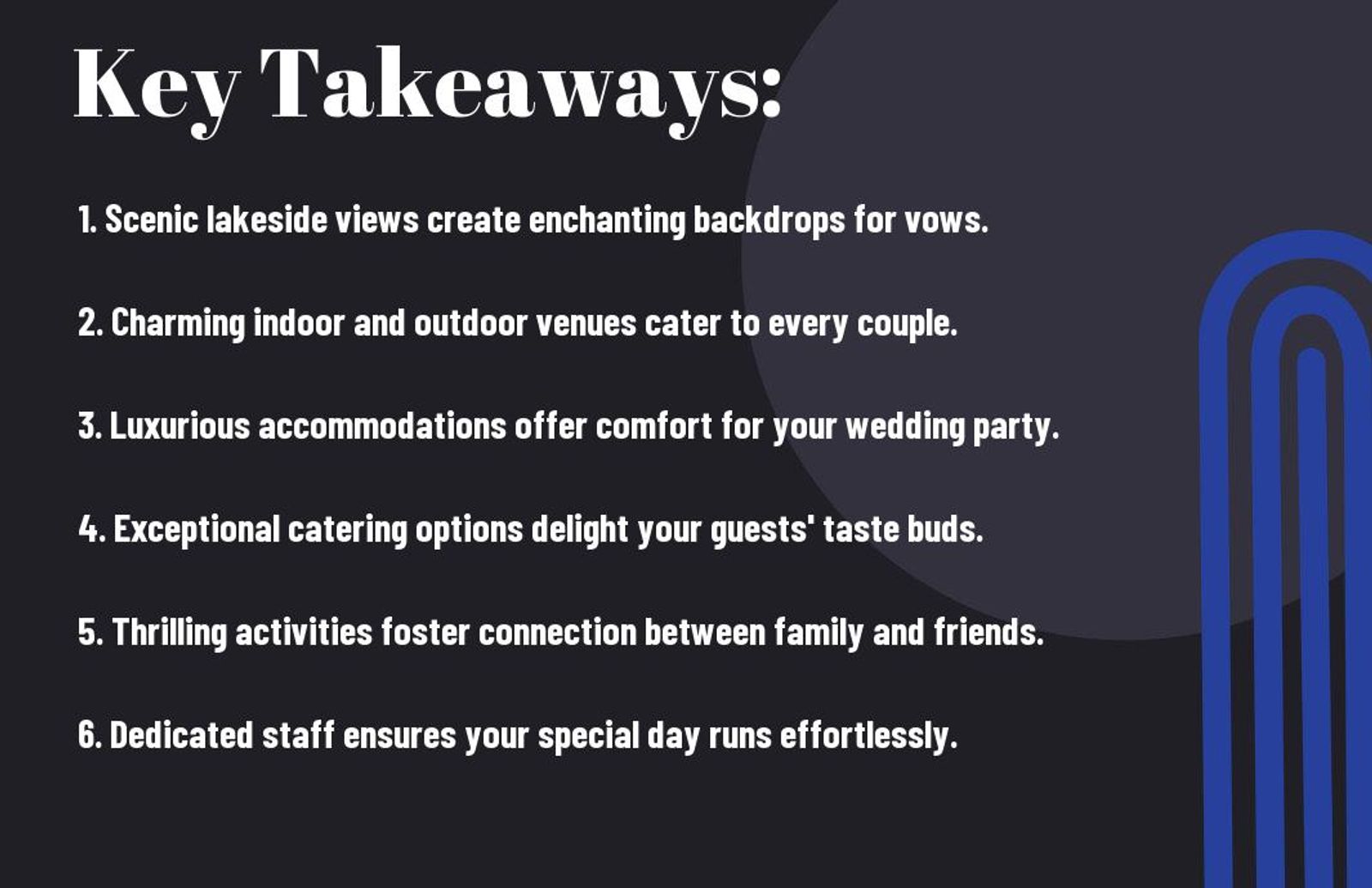 Dark key-takeaways graphic lists six features of a lakeside wedding venue.