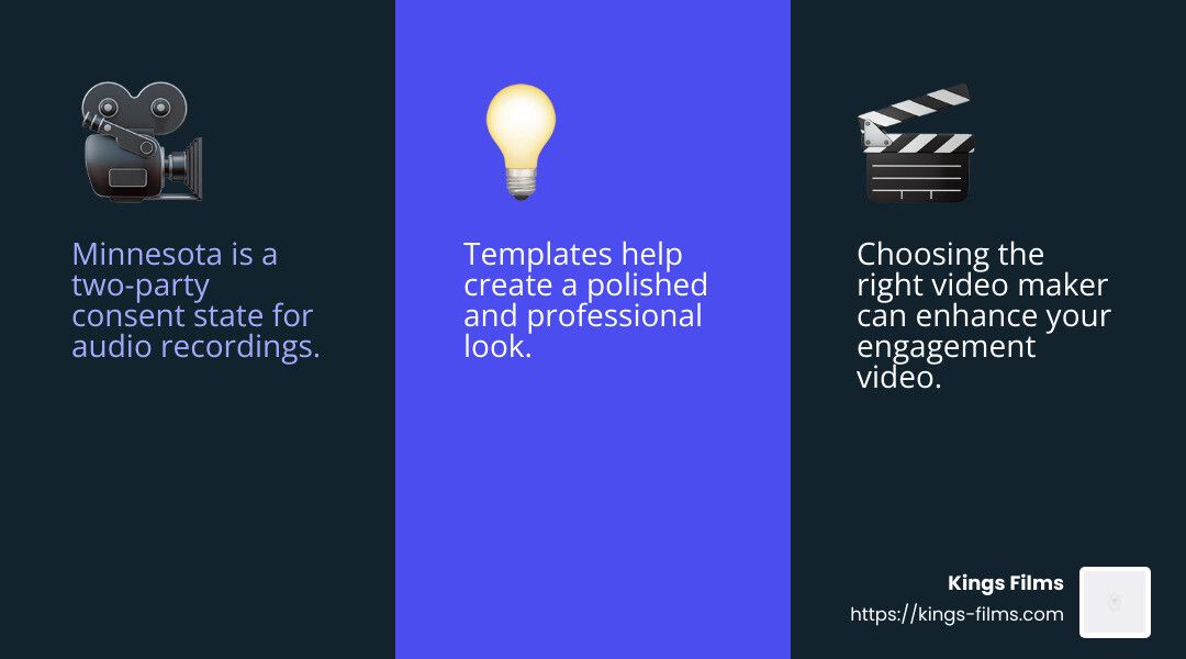 Video Creation Facts Three-panel infographic discusses audio recordings, templates, and choosing a video maker.