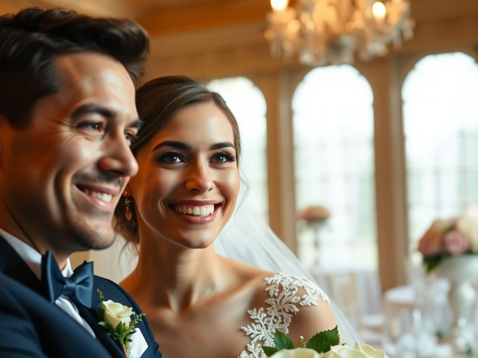 Close portrait of a smiling couple in formal clothing indoors.