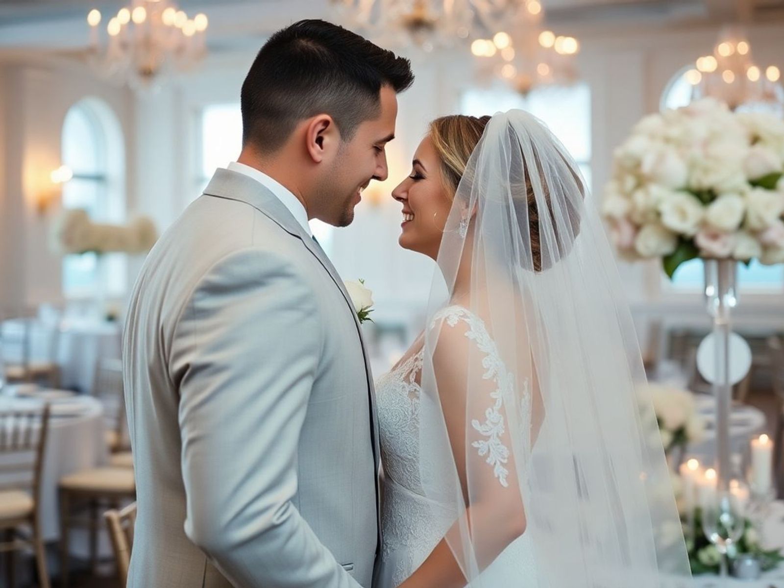 Couple in formal clothing facing closely in a decorated event room.