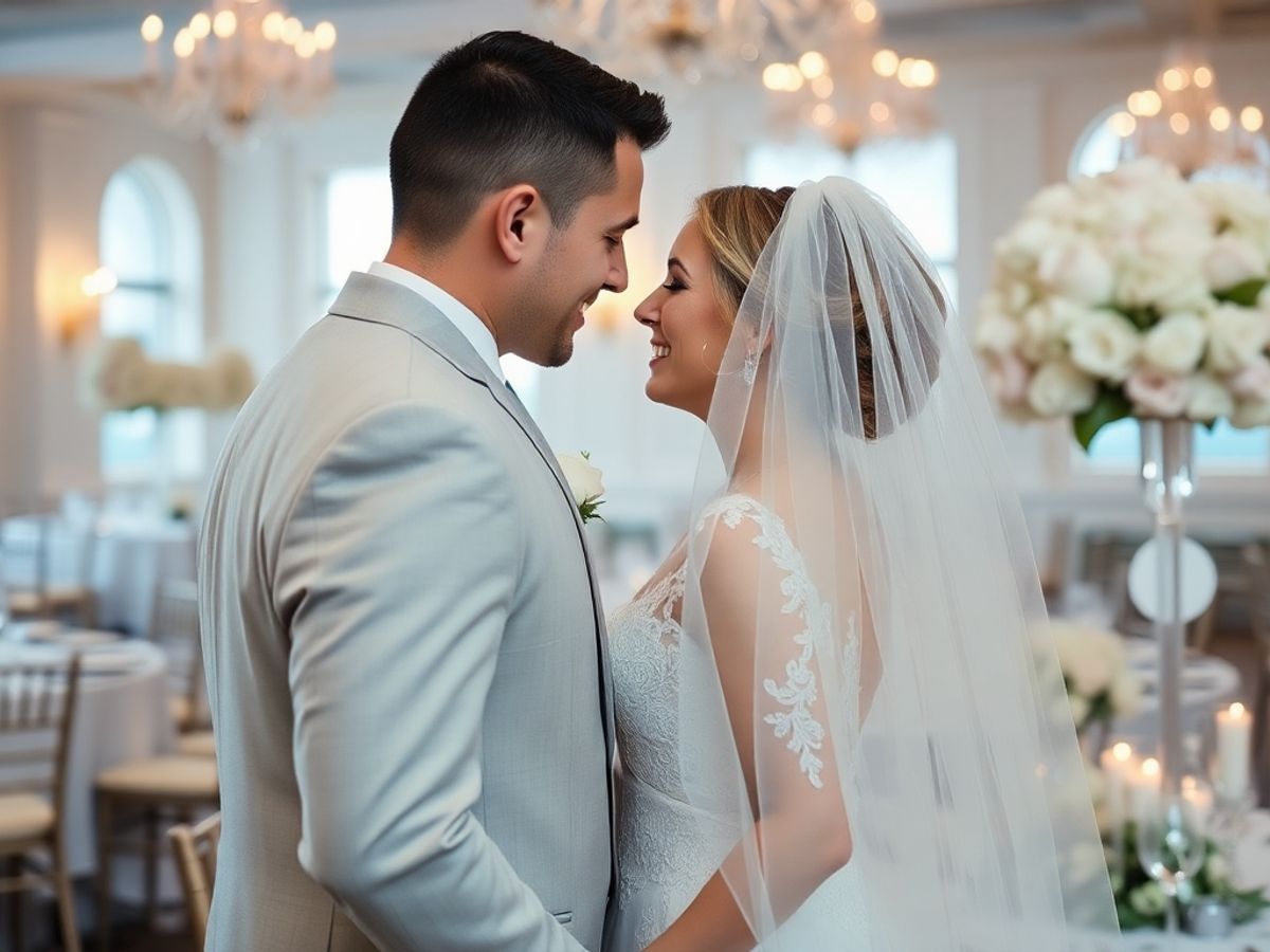 Decorated Room Portrait Couple in formal clothing facing closely in a decorated event room.