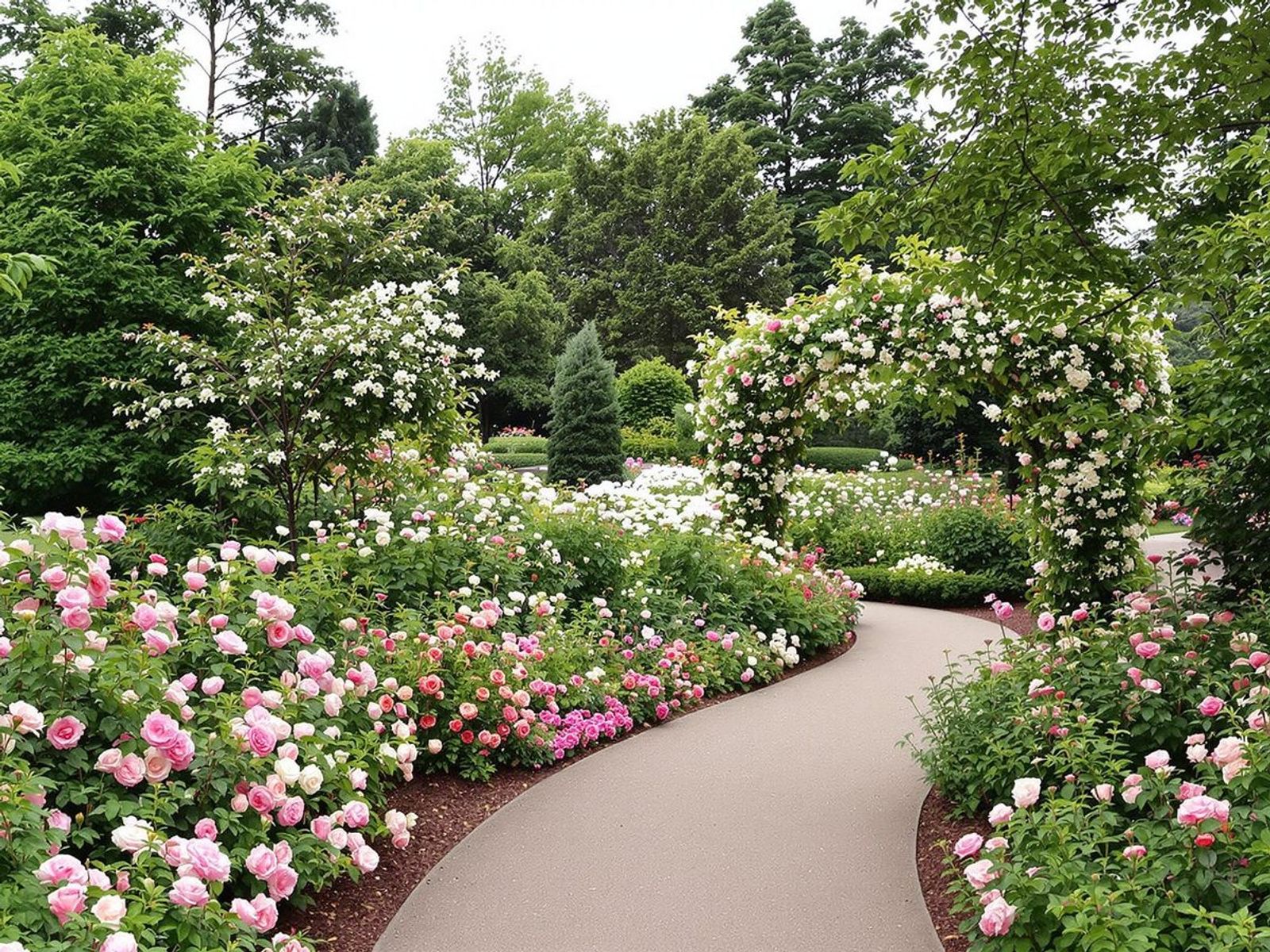 Curving garden path bordered by blooming pink and white roses.