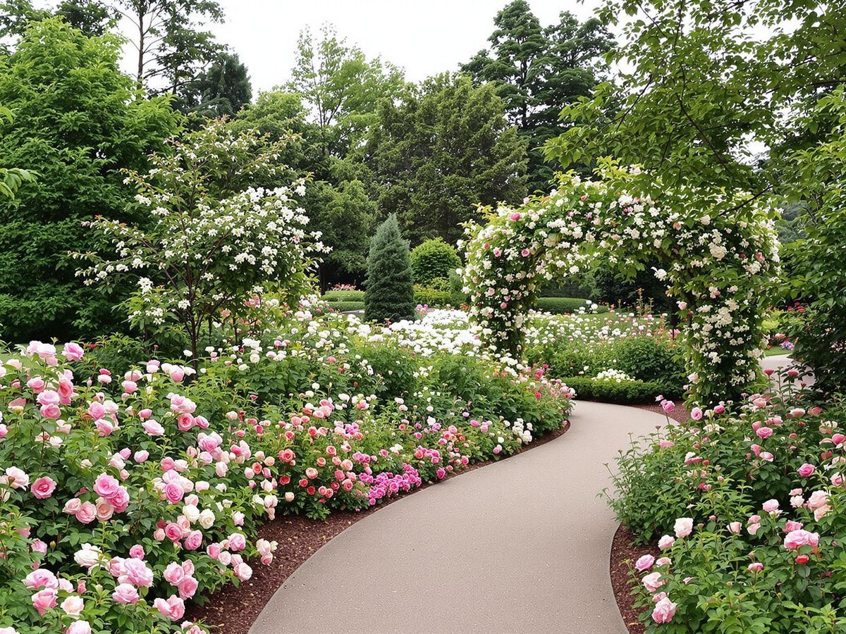 Rose Garden Path Curving garden path bordered by blooming pink and white roses.