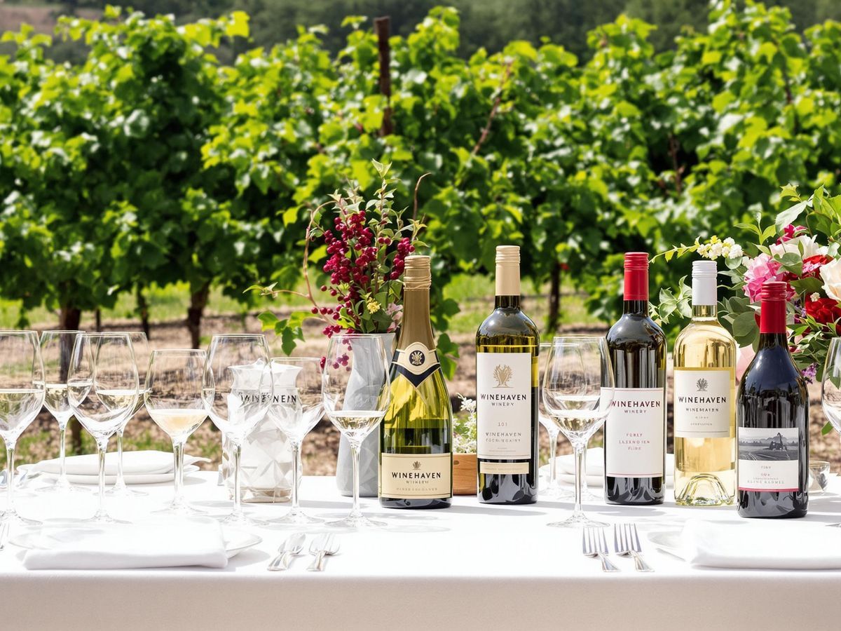 Vineyard Wine Table Wine bottles and empty glasses arranged on a white outdoor table among grapevines.