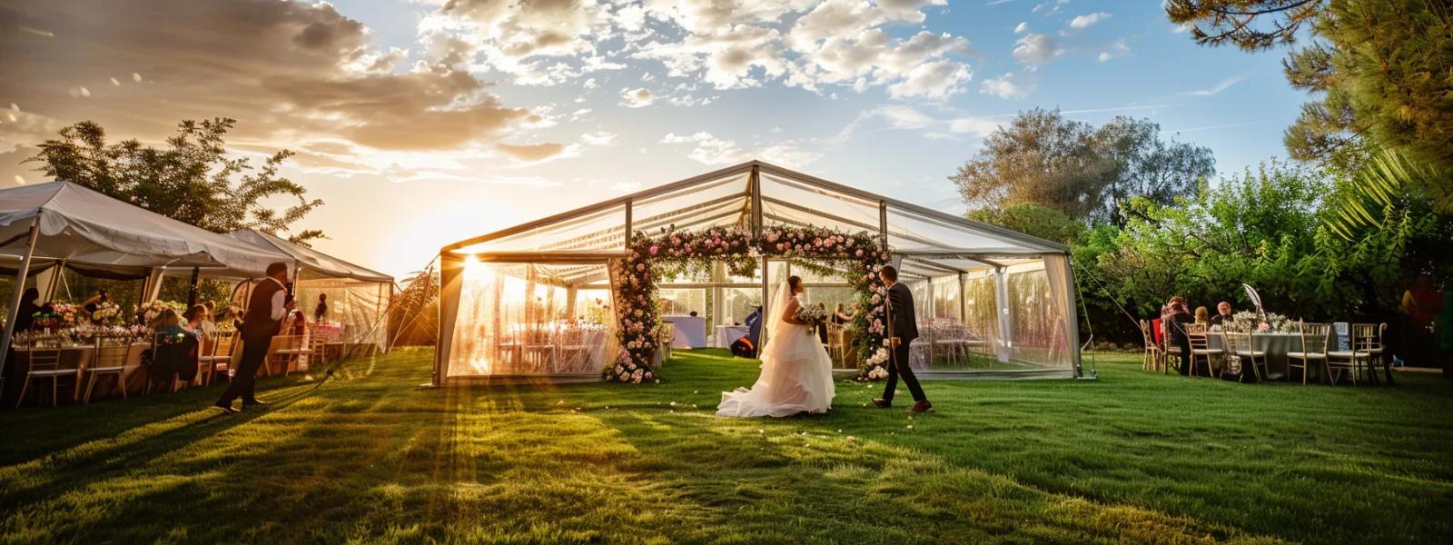 Clear event tent and tables on a green lawn in warm evening light.