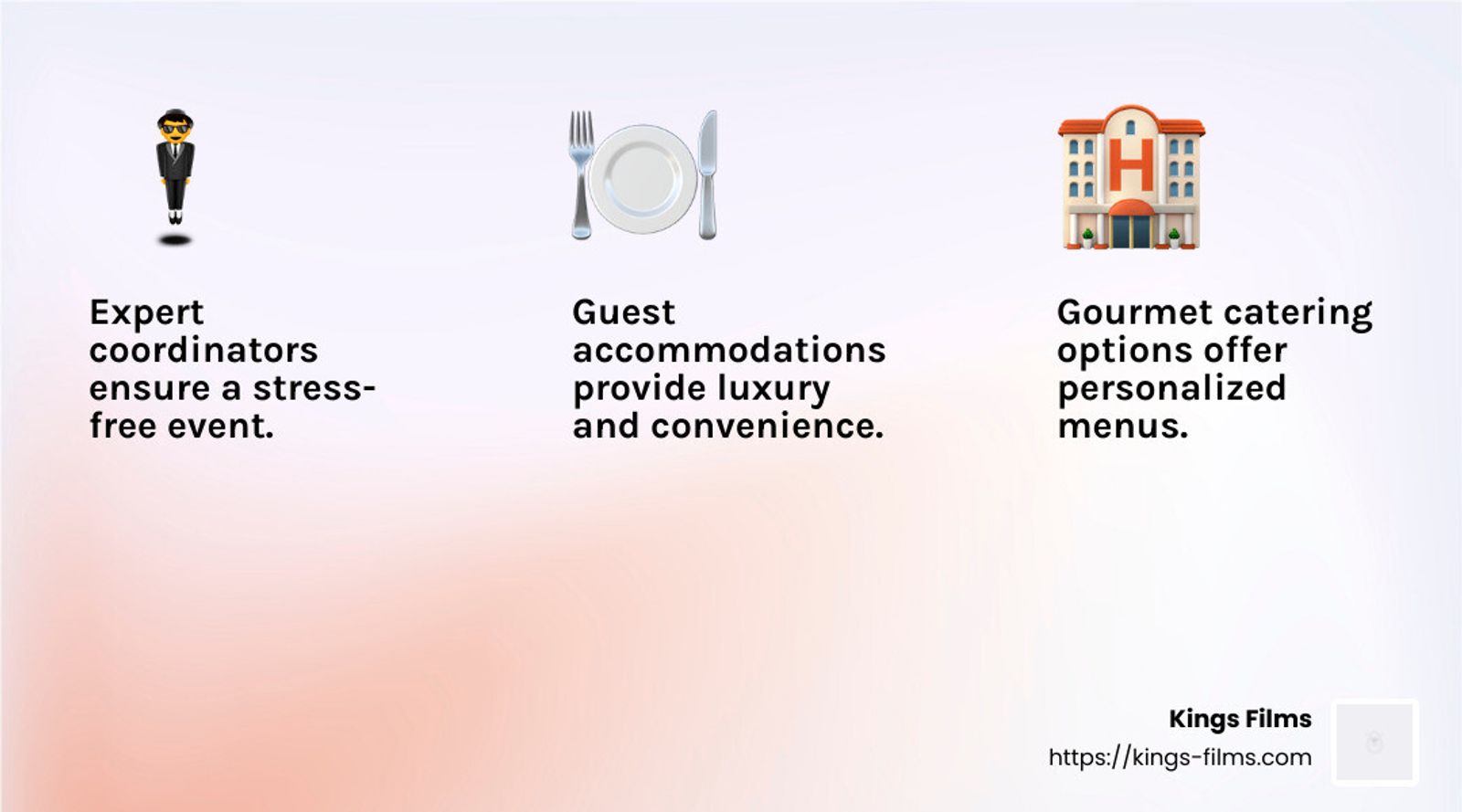 Three-panel infographic lists coordinators, guest accommodations, and catering.