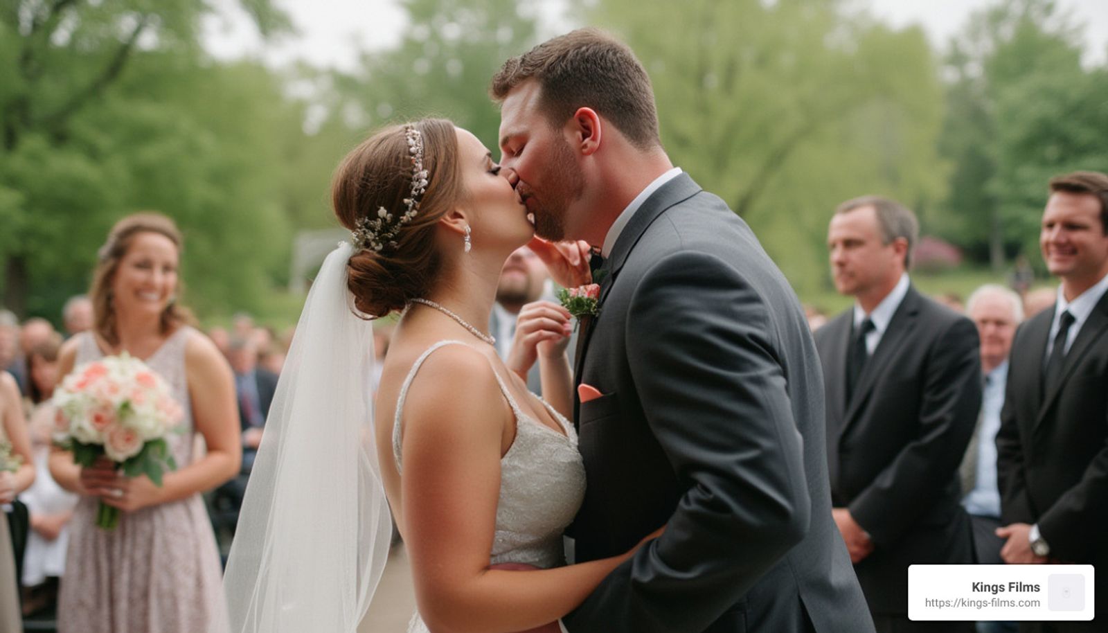Couple kissing during an outdoor ceremony while other people watch.