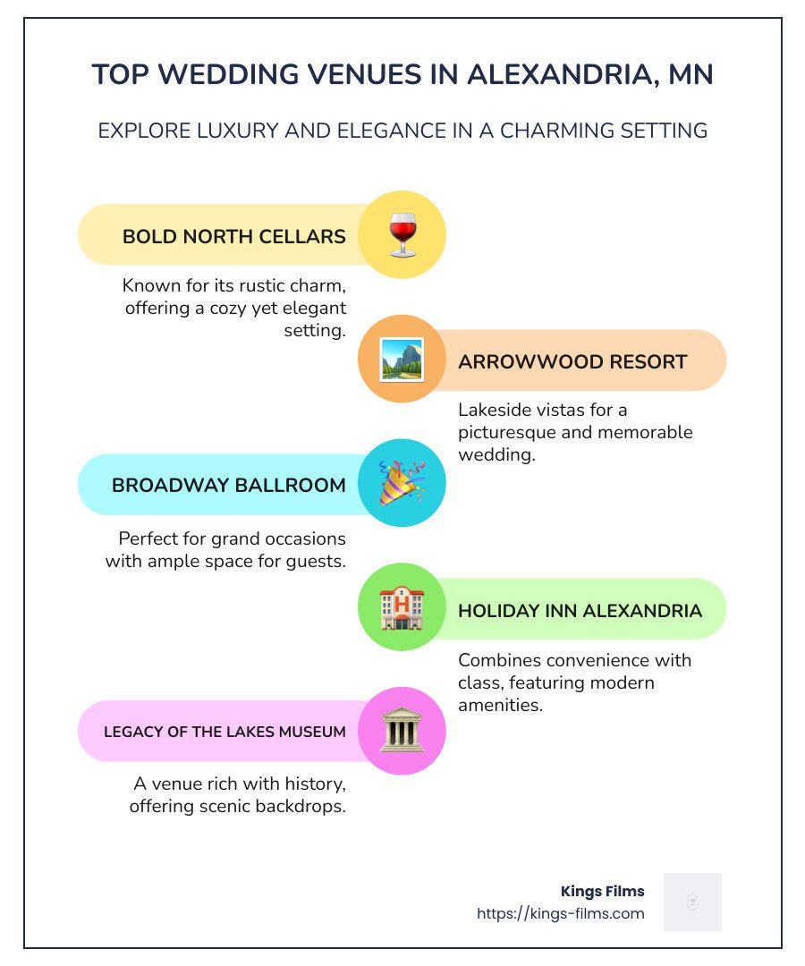 Alexandria Venue List Five-step infographic lists wedding venues in Alexandria, Minnesota.