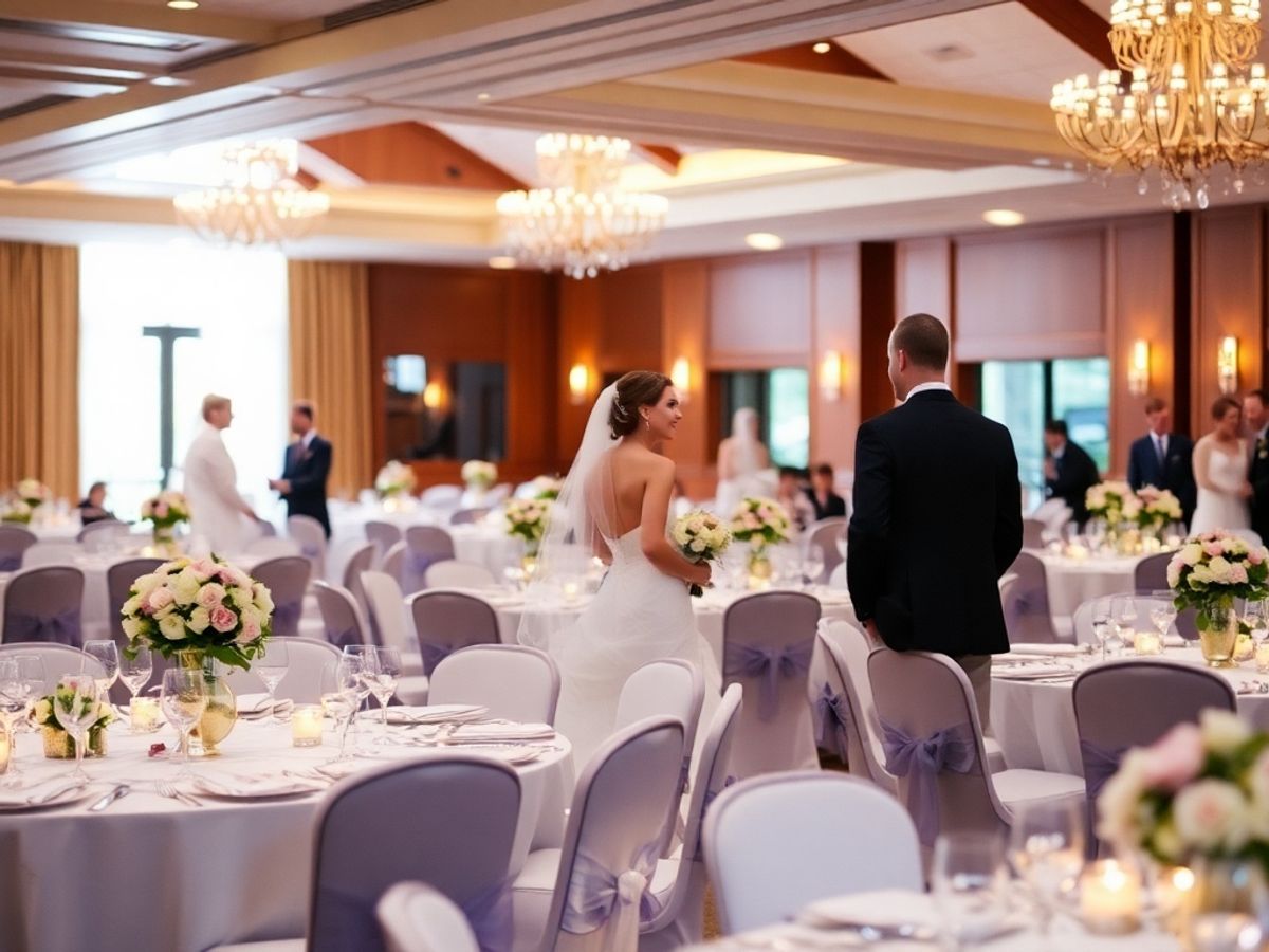 Ballroom Tables Bright ballroom with round tables, chandeliers, pale flowers, and two people walking between tables.