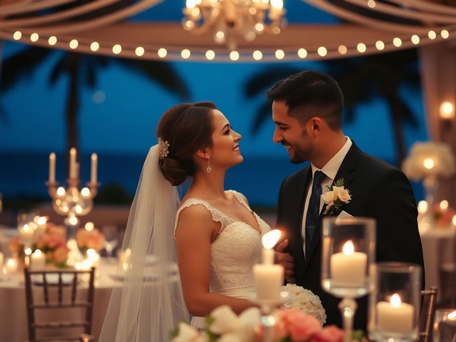 Couple in formal clothing seated facing each other at a candlelit table.