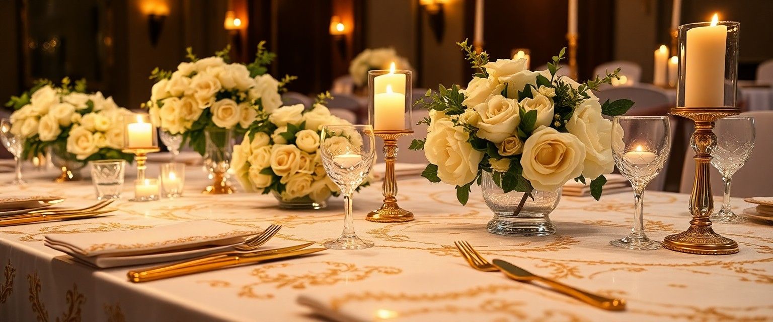 Pale Floral Table Long dining table set with pale flowers, candles, menus, and glassware.