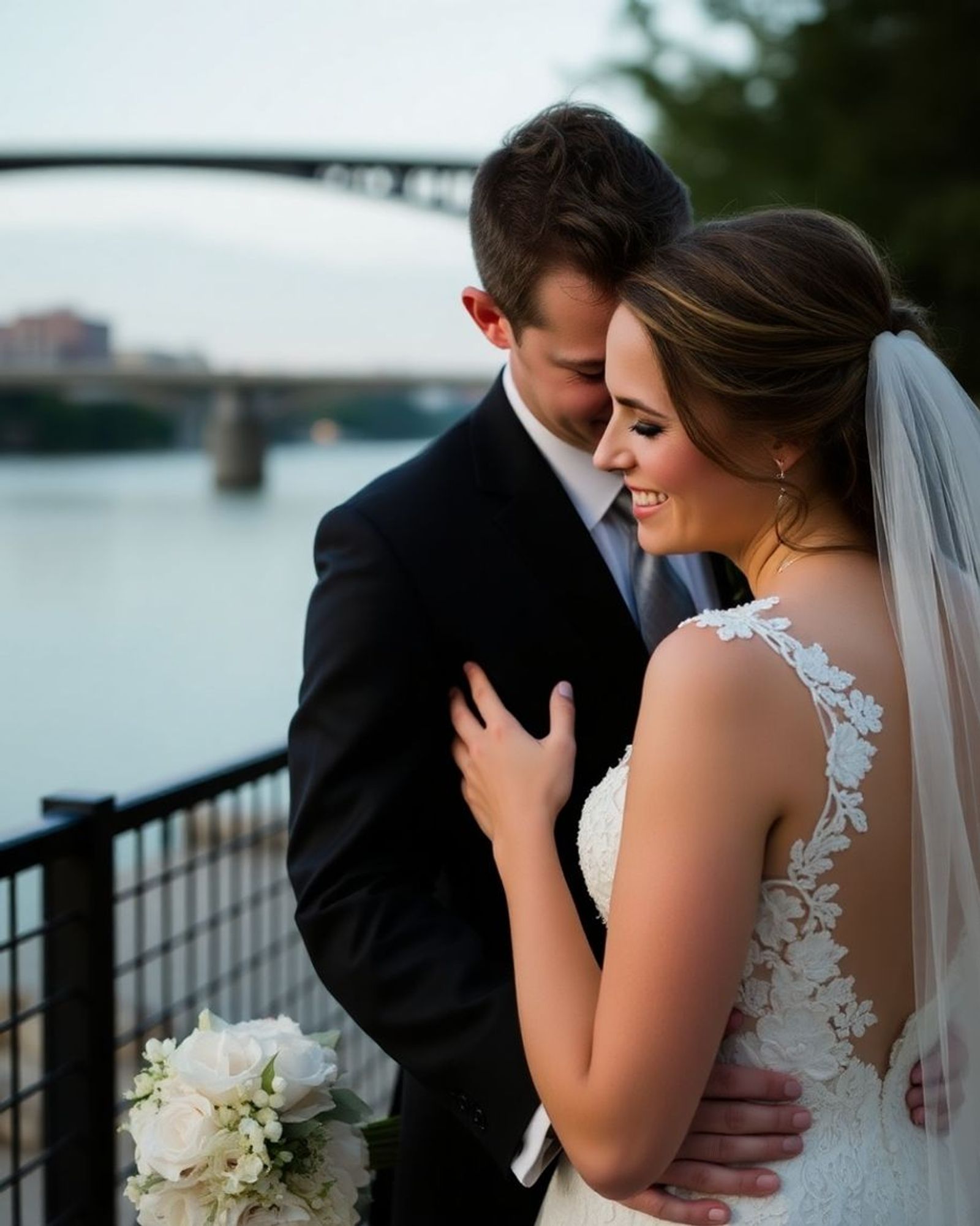 Couple in formal clothing embracing beside a metal railing and water.