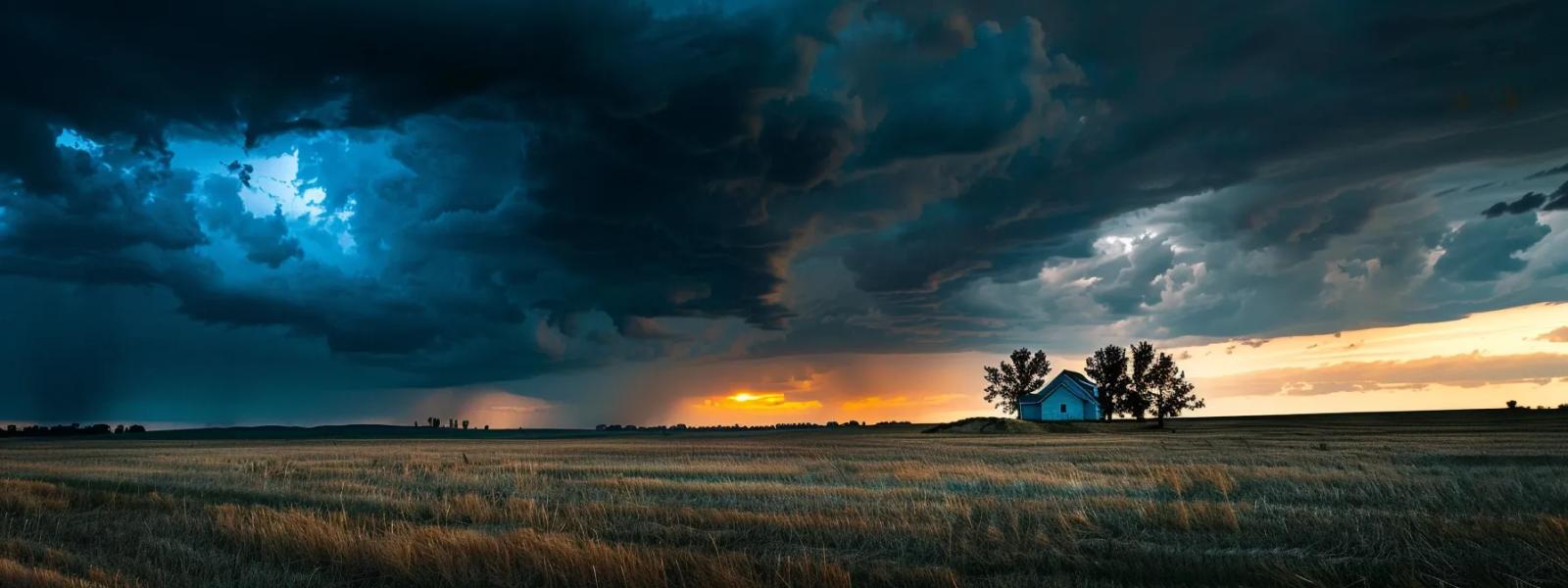 Dark storm clouds above a flat field with a narrow band of orange light.