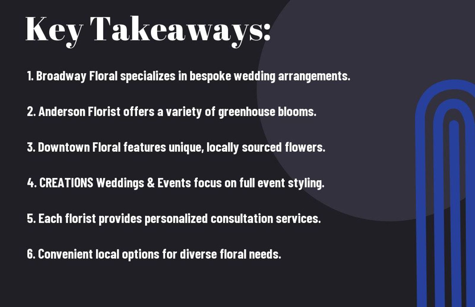 Dark key-takeaways graphic lists six wedding florist facts.
