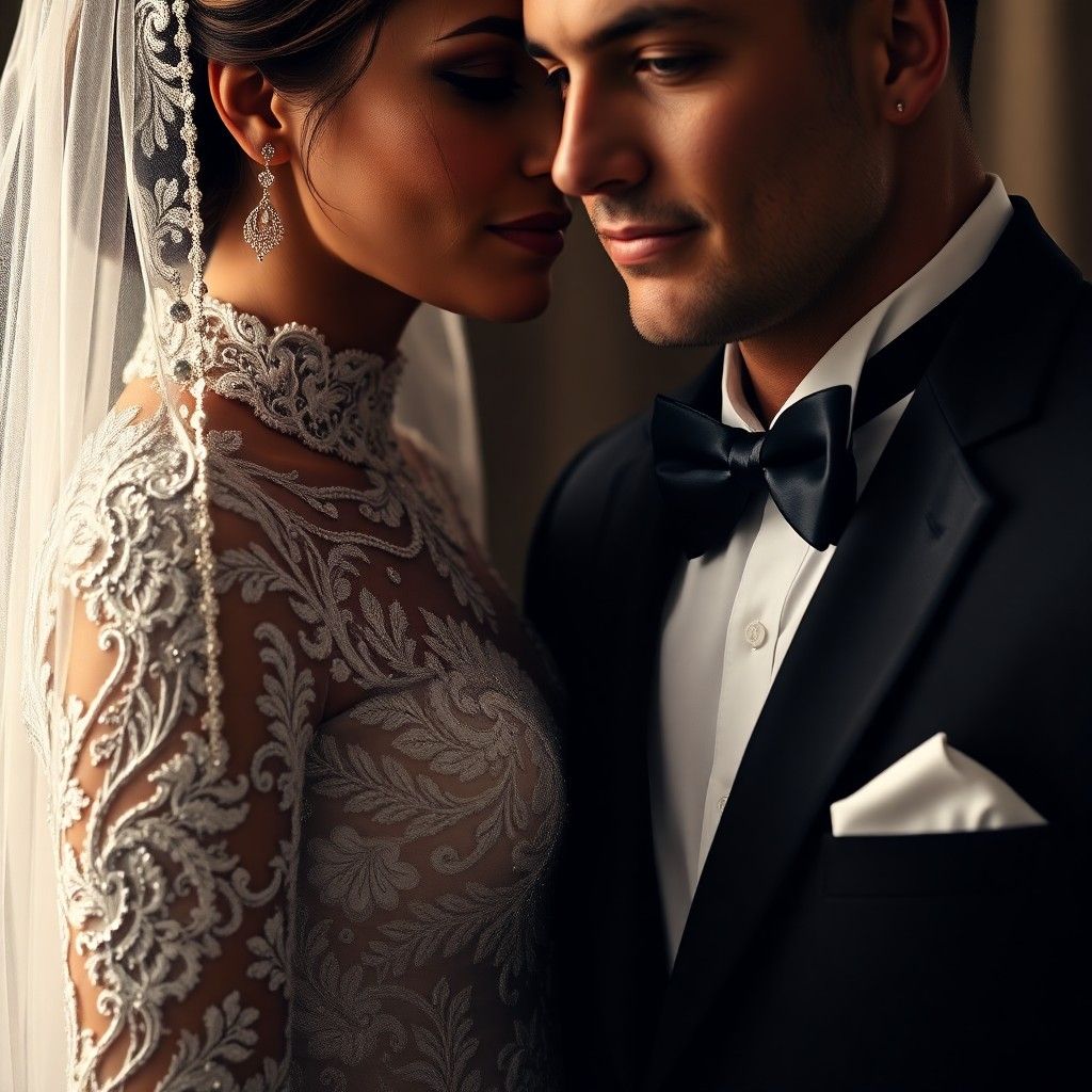 Close Formal Portrait Close portrait of a couple in formal clothing standing face to face.