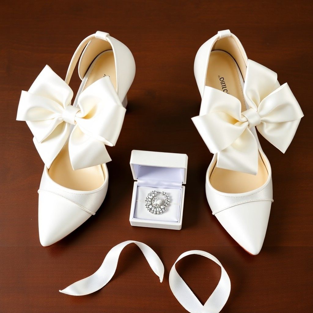 A pair of elegant white high-heeled shoes with large satin bows, a jeweled ring in an open box, and a white ribbon are arranged on a dark wooden surface, perfect for a Park Point Beach House wedding.