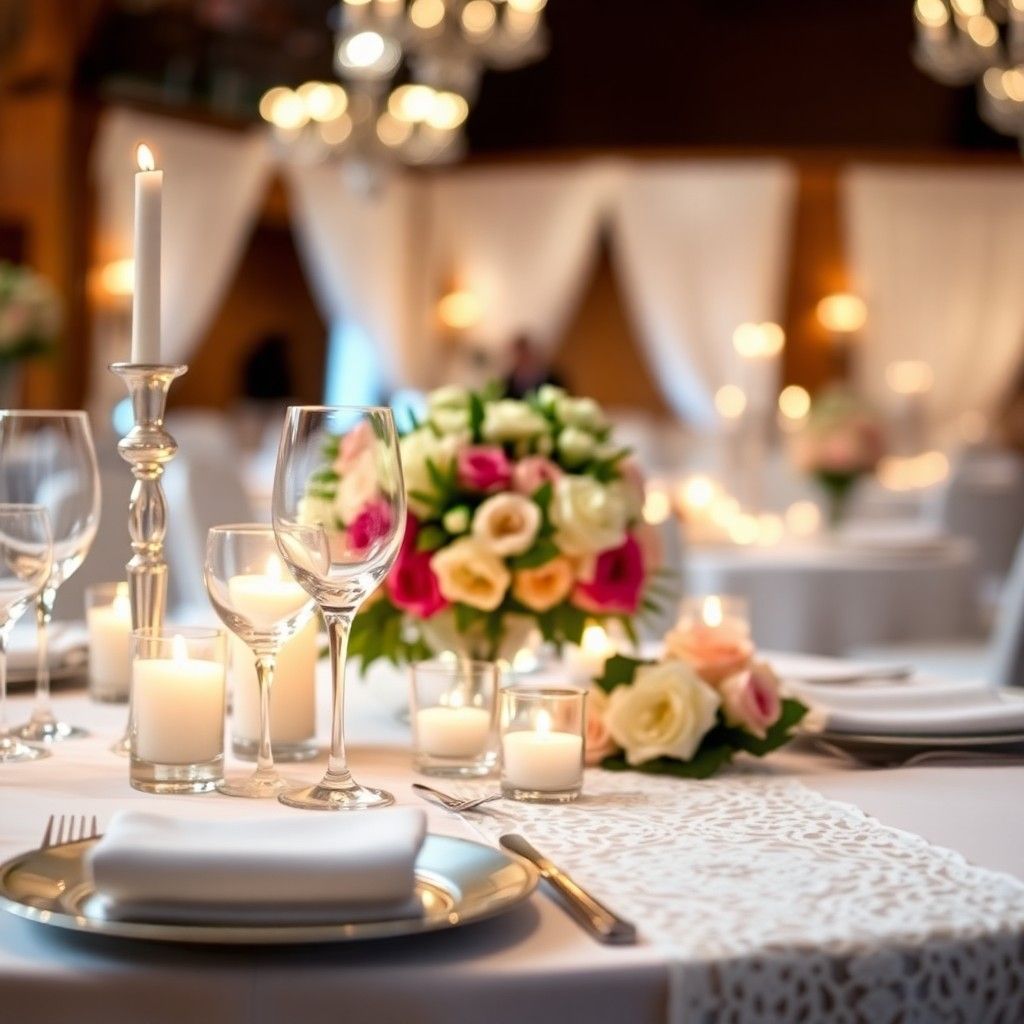 Candlelit Table Formal table setting with candles, glassware, and a pink floral centerpiece.