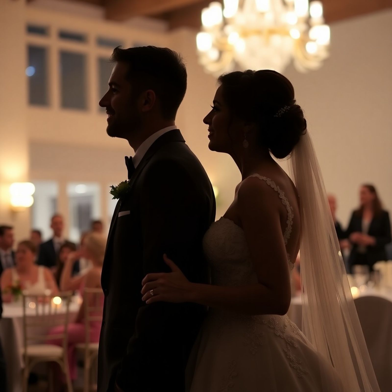 Silhouetted couple in wedding attire standing together in a chandelier-lit reception room.