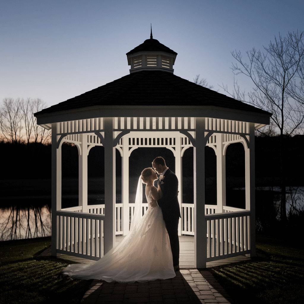 Gazebo Portrait Couple in wedding attire embracing inside a white gazebo at dusk.