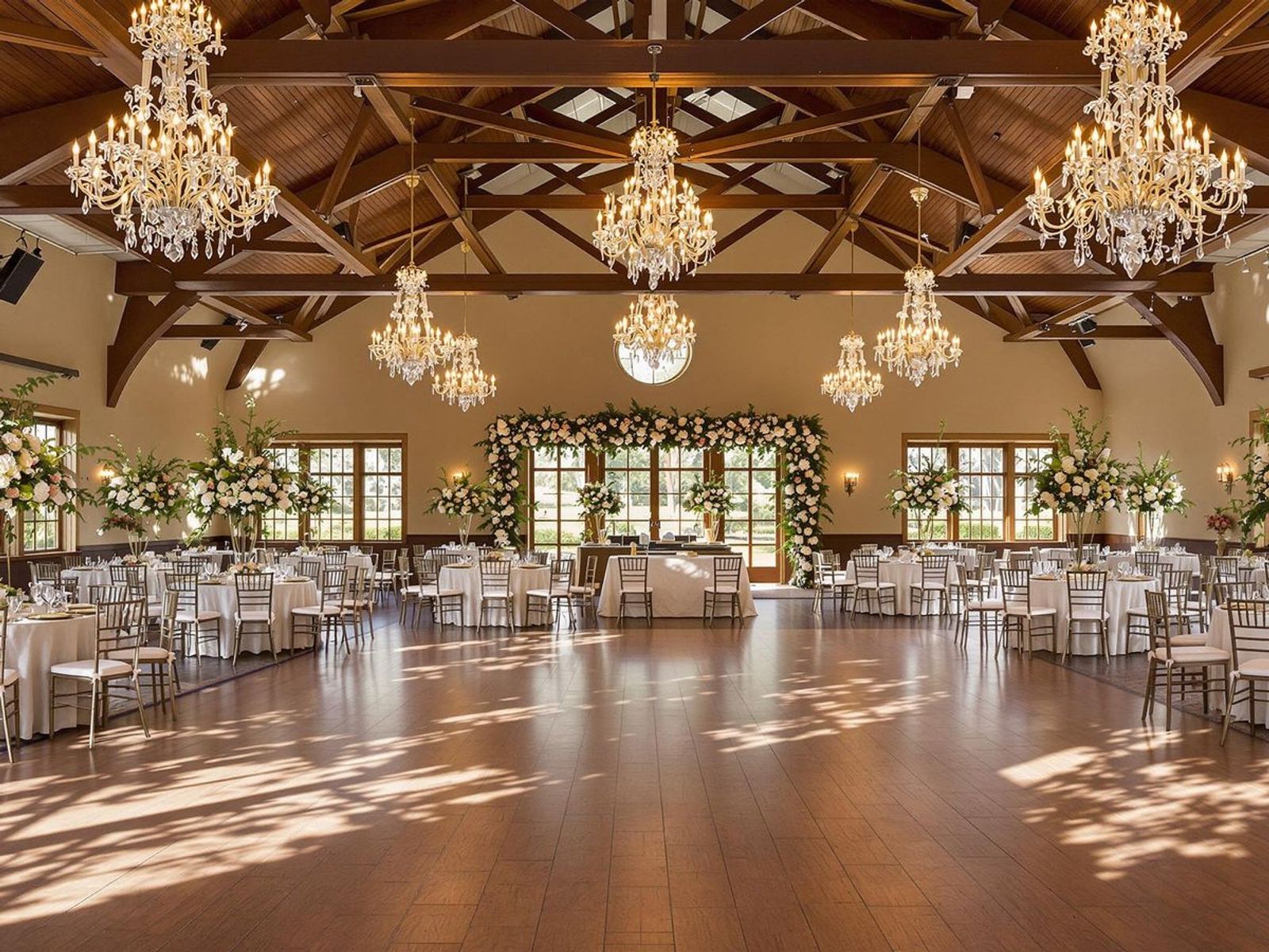 Large reception hall with chandeliers, timber beams, round tables, and a wooden dance floor.