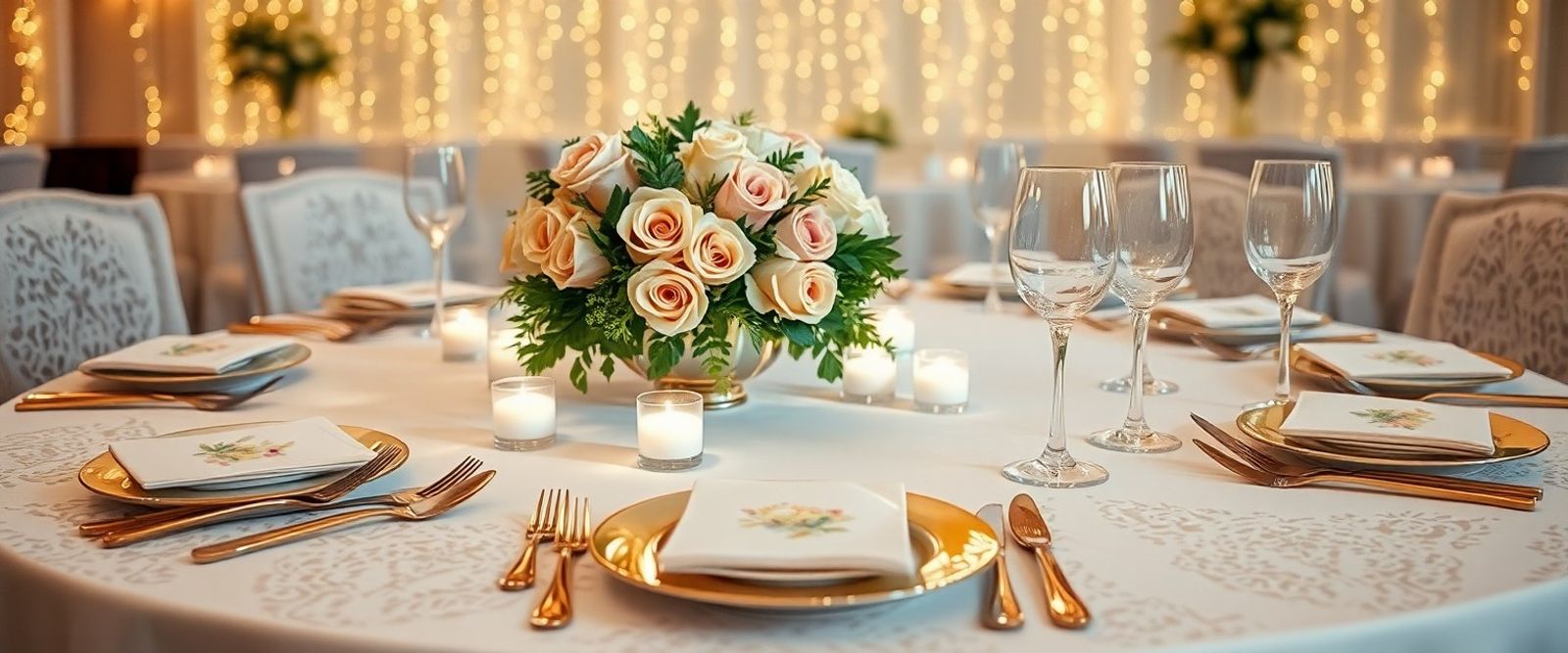 Formal banquet table with white place settings, gold flatware, and a peach floral centerpiece.