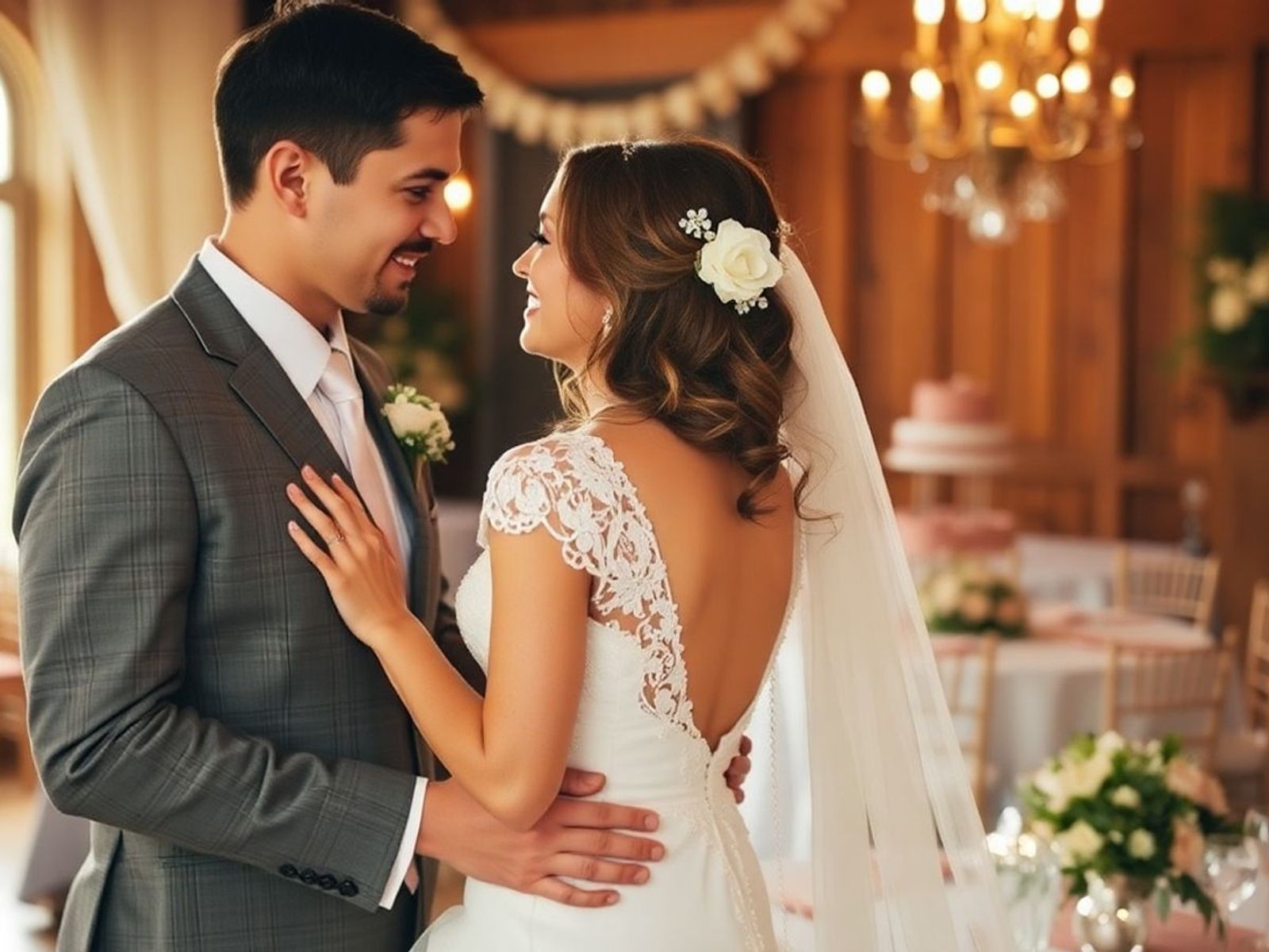 Couple in wedding attire embracing inside a chandelier-lit room.