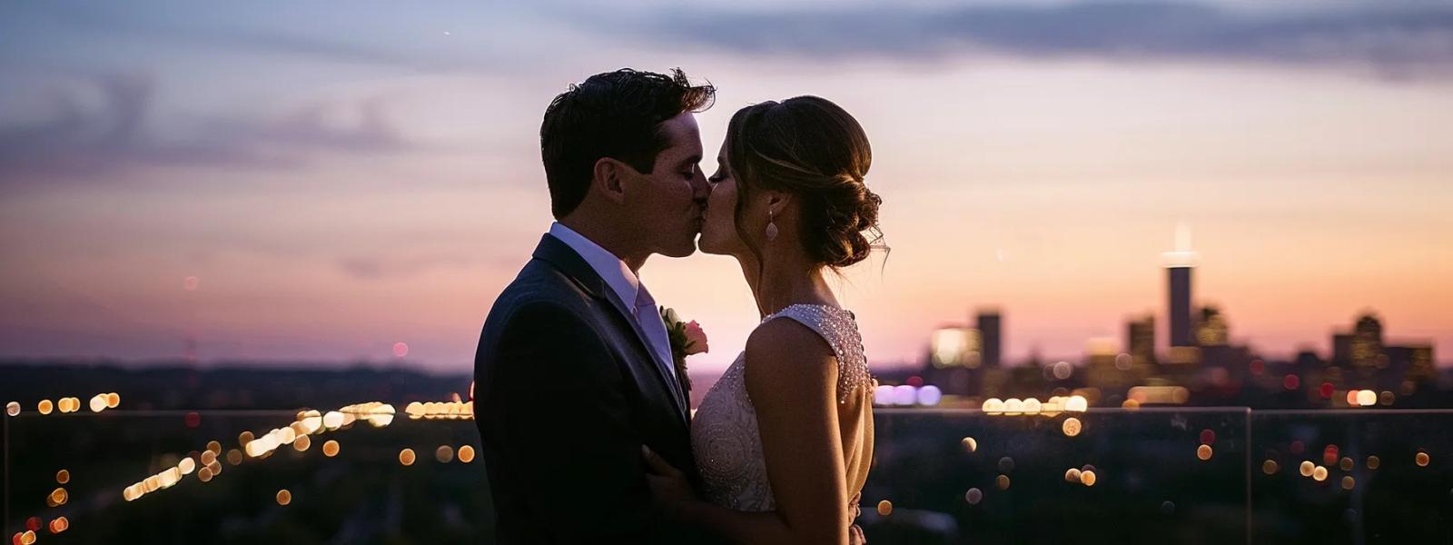 Silhouetted couple kissing with a city skyline and sunset behind them.