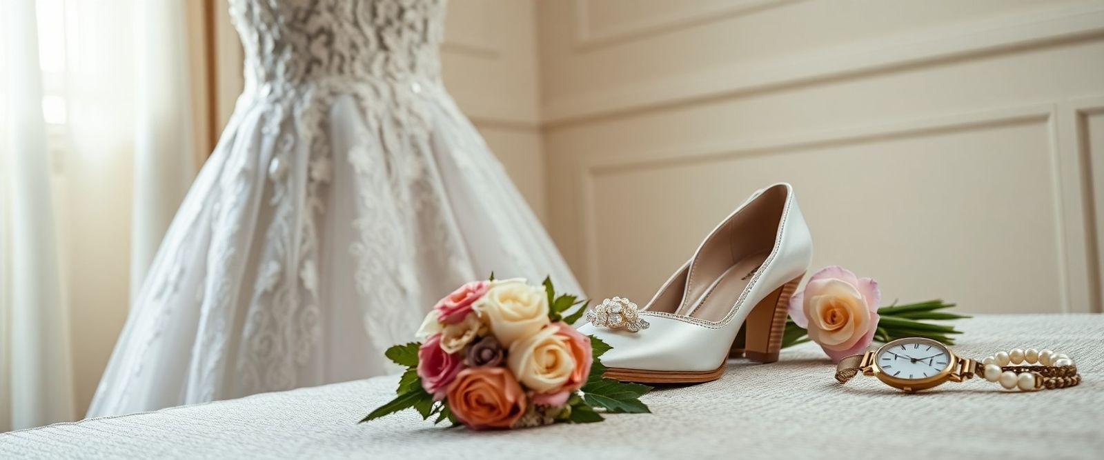 White lace dress, bouquet, shoes, watch, jewelry, and stationery arranged near a window.