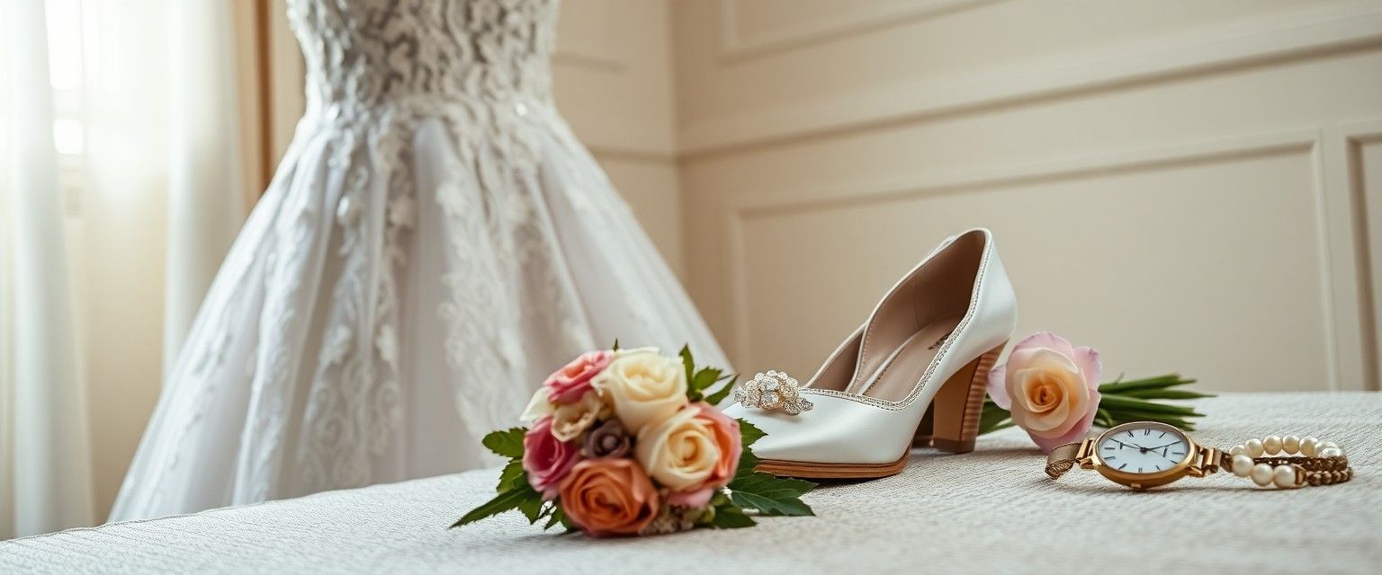 Wedding Details White lace dress, bouquet, shoes, watch, jewelry, and stationery arranged near a window.