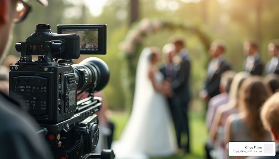 Camera Filming Couple Video camera filming a blurred couple outdoors.