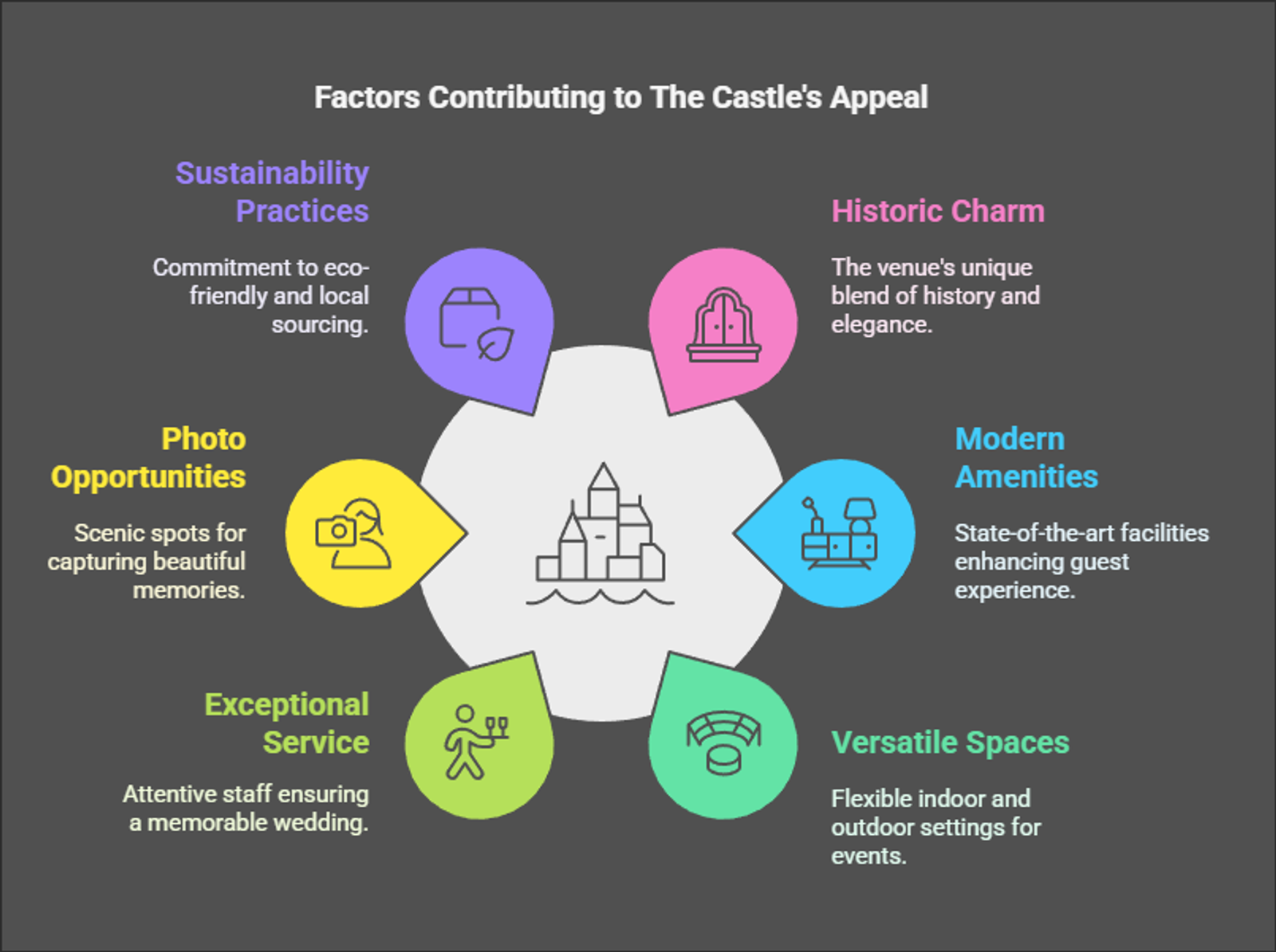 Infographic listing five factors contributing to a castle venue's appeal.