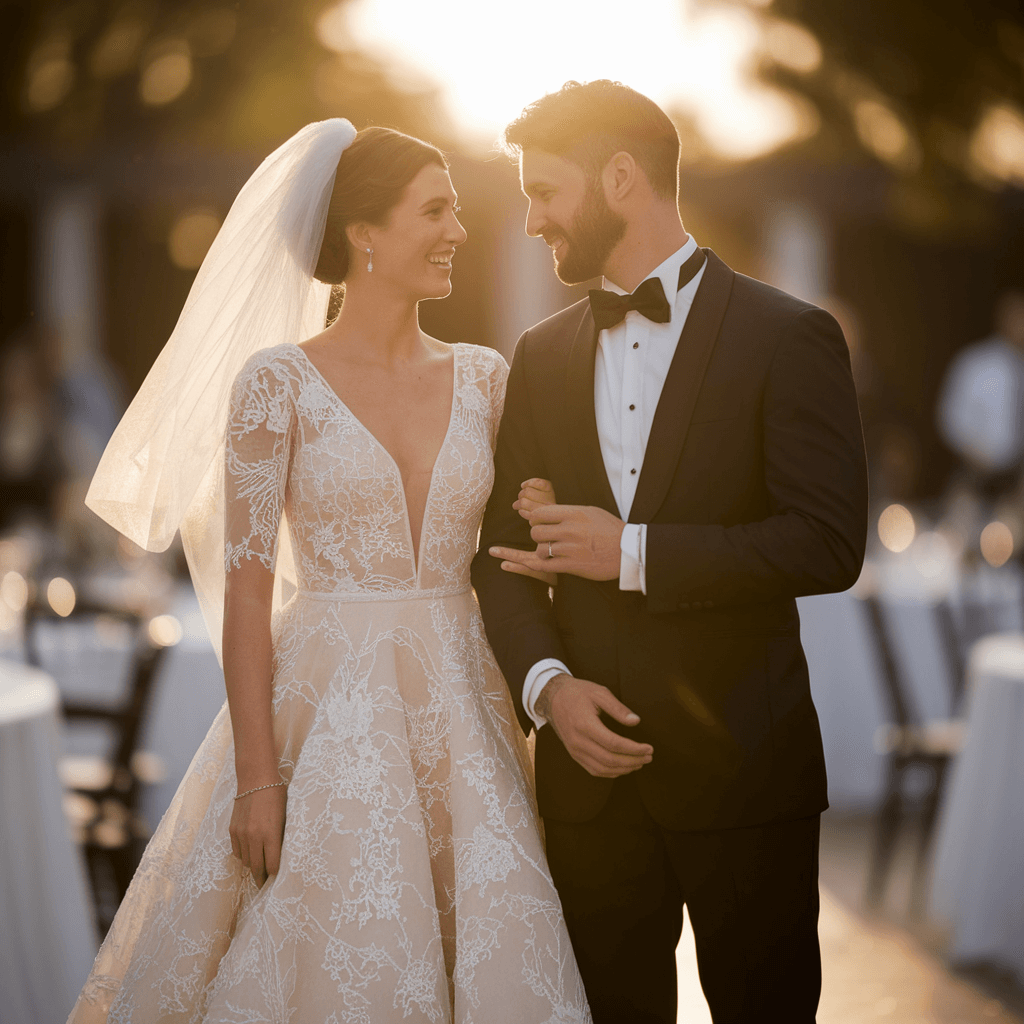 Backlit Wedding Portrait Couple in wedding attire smiling at each other outdoors in warm backlight.