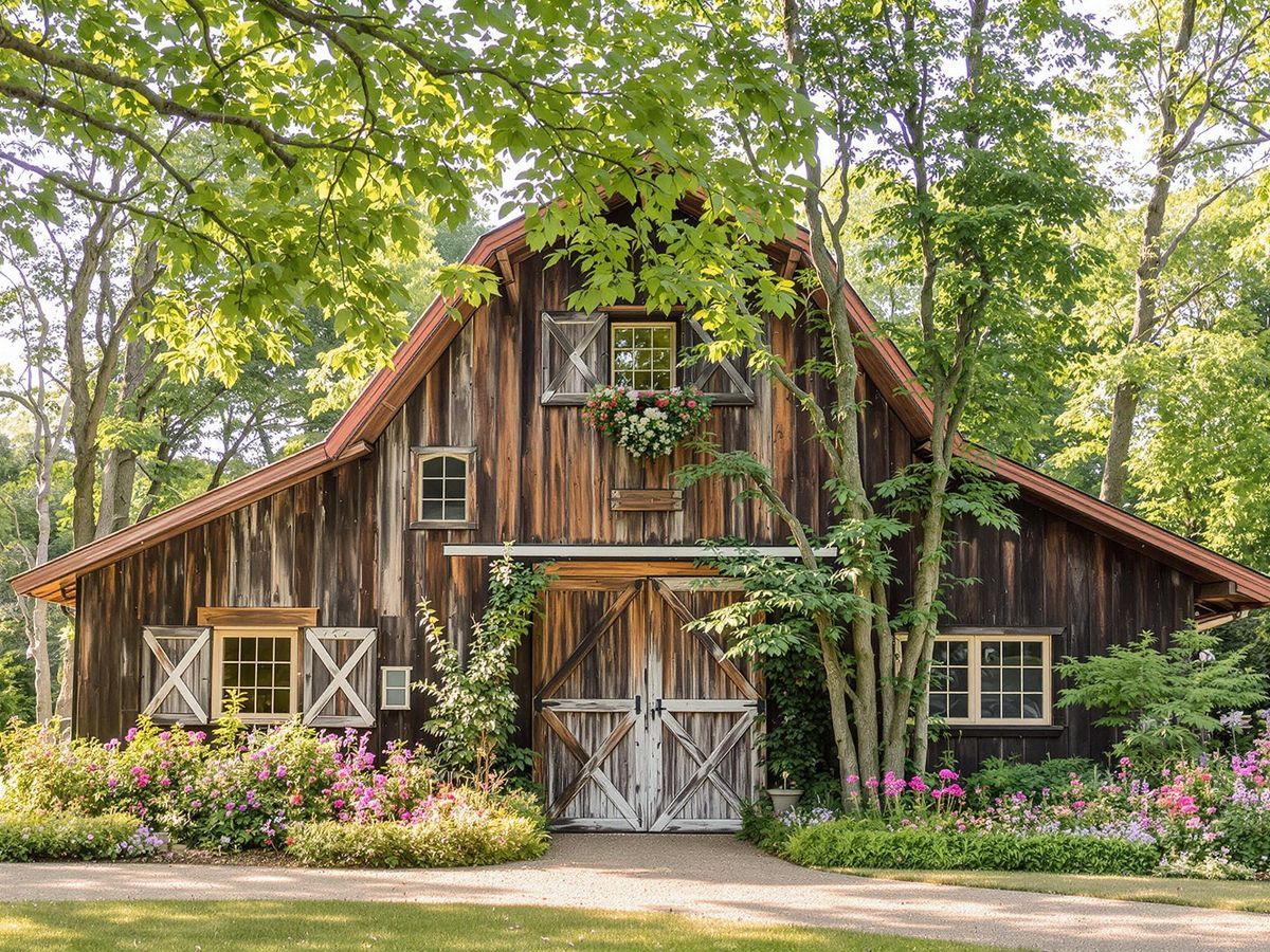 Woodland Barn Rustic wooden barn surrounded by leafy trees and flower beds.