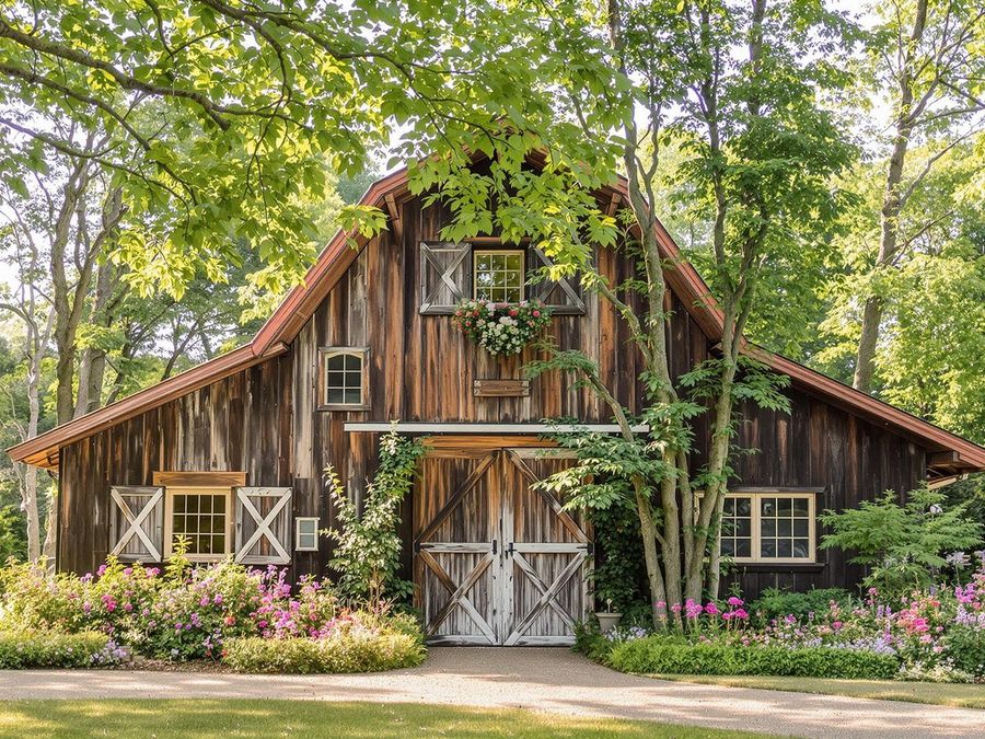 Woodland Barn Rustic wooden barn surrounded by leafy trees and flower beds.