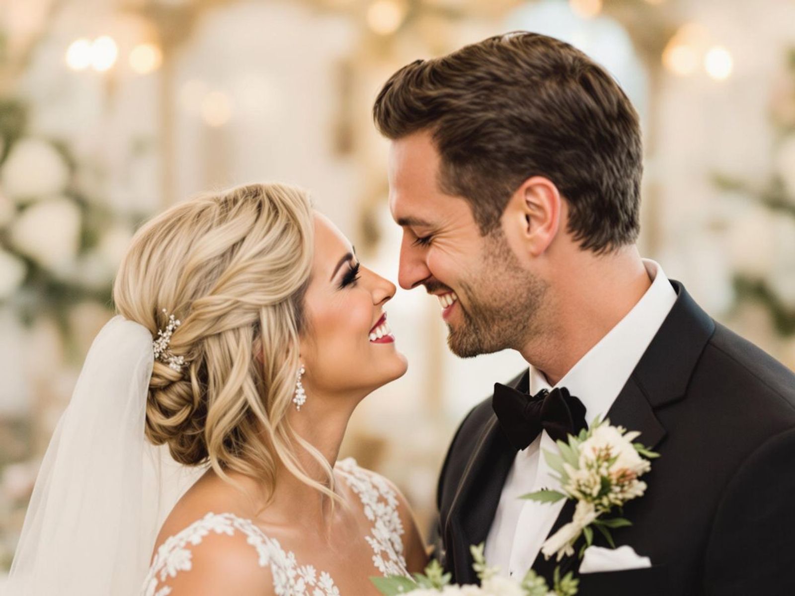 Close-up of a smiling couple in wedding attire touching foreheads.