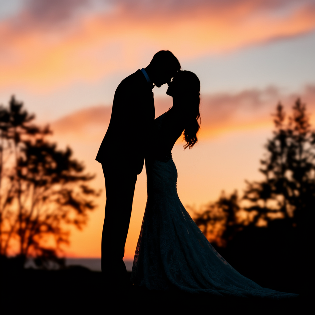 Sunset Silhouette Silhouetted couple kissing against an orange sunset.