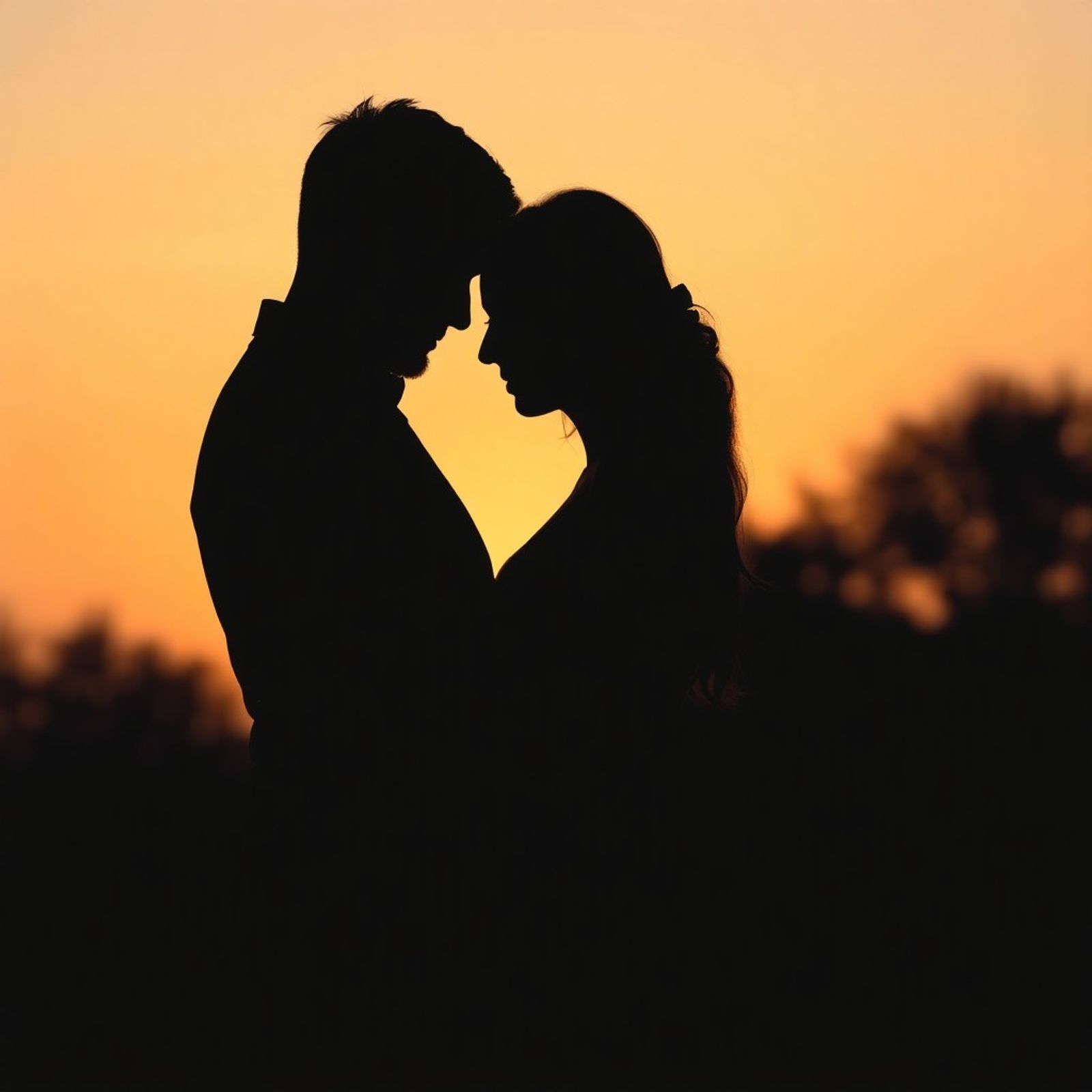Silhouetted couple touching foreheads against an orange sunset.