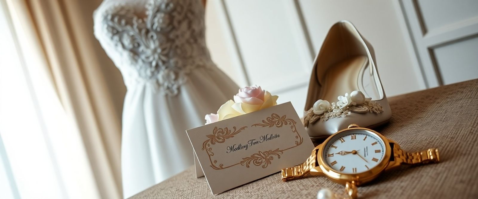 White lace dress, tan heels, gold watch, jewelry, and a handwritten card near a window.