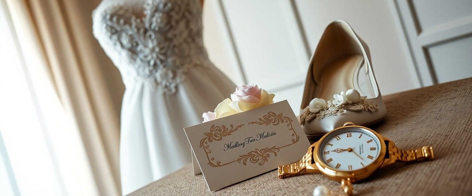 Attire and Accessories White lace dress, tan heels, gold watch, jewelry, and a handwritten card near a window.