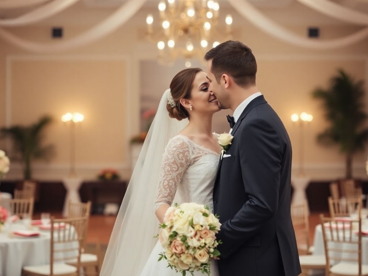 Reception Kiss Couple in wedding attire kissing in a softly lit reception room.